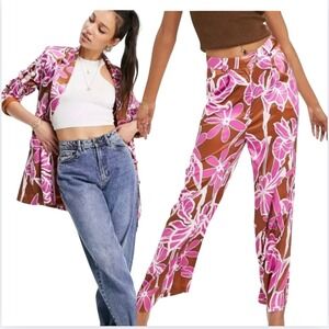 LIQUORISH Floral Print Blazer Jacket Wide Leg Pants Set Brown Pink Size US 8